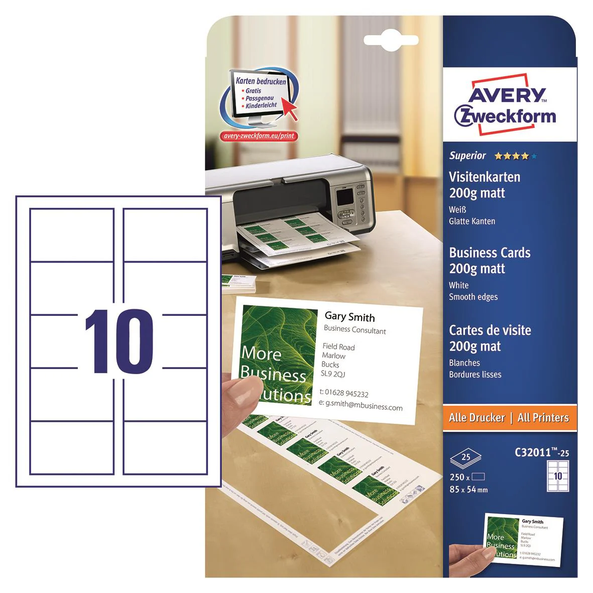 Visitkort Avery Quick & Clean inkjet/laser 200g 85x54mm - Bild 2