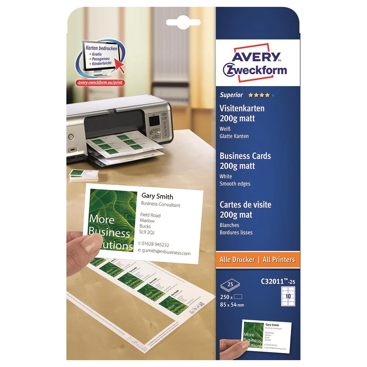Visitkort Avery Quick & Clean inkjet/laser 200g 85x54mm - Bild 4